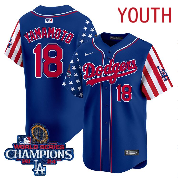 Youth MLB Los Angeles Dodgers 18 Yamamoto American Style blue 2024 World Series Champions Limited Jersey